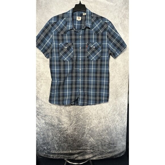 levis Pearl snap button shirt Blue Short Sleeve Size XL‎ Slim Fit Men’s Shirt - Picture 1 of 6